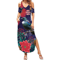 Tui Meri Kirihimete Personalised Family Matching Summer Maxi Dress and Hawaiian Shirt Pohutukawa Flowers Blue Motif - Polynesian Pride