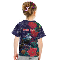Tui Meri Kirihimete Personalised Kid T Shirt Pohutukawa Flowers Blue Motif - Polynesian Pride