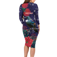 Tui Meri Kirihimete Personalised Long Sleeve Bodycon Dress Pohutukawa Flowers Blue Motif - Polynesian Pride