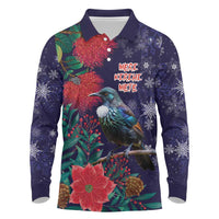 Tui Meri Kirihimete Personalised Long Sleeve Polo Shirt Pohutukawa Flowers Blue Motif - Polynesian Pride