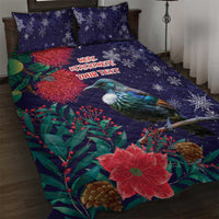 Tui Meri Kirihimete Personalised Quilt Bed Set Pohutukawa Flowers Blue Motif - Polynesian Pride