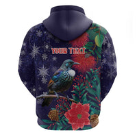 Tui Meri Kirihimete Personalised Zip Hoodie Pohutukawa Flowers Blue Motif - Polynesian Pride