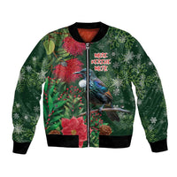 Tui Meri Kirihimete Personalised Bomber Jacket Pohutukawa Flowers Green Motif - Polynesian Pride