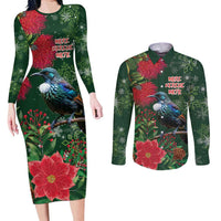 Tui Meri Kirihimete Personalised Couples Matching Long Sleeve Bodycon Dress and Long Sleeve Button Shirt Pohutukawa Flowers Green Motif - Polynesian Pride