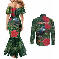 Tui Meri Kirihimete Personalised Couples Matching Mermaid Dress and Long Sleeve Button Shirt Pohutukawa Flowers Green Motif - Polynesian Pride
