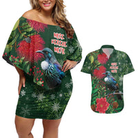 Tui Meri Kirihimete Personalised Couples Matching Off Shoulder Short Dress and Hawaiian Shirt Pohutukawa Flowers Green Motif LT9 Green - Polynesian Pride