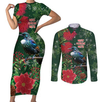 Tui Meri Kirihimete Personalised Couples Matching Short Sleeve Bodycon Dress and Long Sleeve Button Shirt Pohutukawa Flowers Green Motif - Polynesian Pride