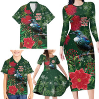Tui Meri Kirihimete Personalised Family Matching Long Sleeve Bodycon Dress and Hawaiian Shirt Pohutukawa Flowers Green Motif - Polynesian Pride