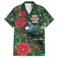 Tui Meri Kirihimete Personalised Family Matching Off Shoulder Short Dress and Hawaiian Shirt Pohutukawa Flowers Green Motif - Polynesian Pride