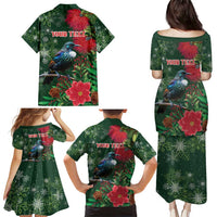 Tui Meri Kirihimete Personalised Family Matching Puletasi and Hawaiian Shirt Pohutukawa Flowers Green Motif - Polynesian Pride