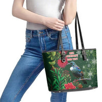 Tui Meri Kirihimete Personalised Leather Tote Bag Pohutukawa Flowers Green Motif - Polynesian Pride