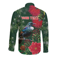 Tui Meri Kirihimete Personalised Long Sleeve Button Shirt Pohutukawa Flowers Green Motif - Polynesian Pride