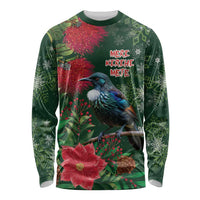 Tui Meri Kirihimete Personalised Long Sleeve Shirt Pohutukawa Flowers Green Motif - Polynesian Pride