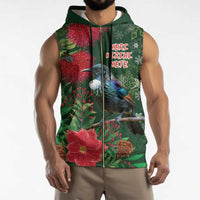 Tui Meri Kirihimete Personalised Sleeveless Zip Hoodie Pohutukawa Flowers Green Motif LT9 - Polynesian Pride