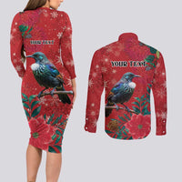 Tui Meri Kirihimete Personalised Couples Matching Long Sleeve Bodycon Dress and Long Sleeve Button Shirt Pohutukawa Flowers Red Motif LT9 - Polynesian Pride