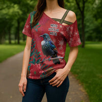 Tui Meri Kirihimete Personalised Cross Shoulder Shirt Pohutukawa Flowers Red Motif - Polynesian Pride