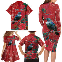 Tui Meri Kirihimete Personalised Family Matching Long Sleeve Bodycon Dress and Hawaiian Shirt Pohutukawa Flowers Red Motif - Polynesian Pride