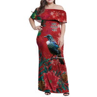 Tui Meri Kirihimete Personalised Family Matching Off Shoulder Maxi Dress and Hawaiian Shirt Pohutukawa Flowers Red Motif - Polynesian Pride