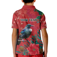 Tui Meri Kirihimete Personalised Kid Polo Shirt Pohutukawa Flowers Red Motif - Polynesian Pride