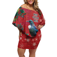Tui Meri Kirihimete Personalised Off Shoulder Short Dress Pohutukawa Flowers Red Motif - Polynesian Pride