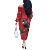 Tui Meri Kirihimete Personalised Off The Shoulder Long Sleeve Dress Pohutukawa Flowers Red Motif - Polynesian Pride
