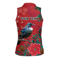 Tui Meri Kirihimete Personalised Women Sleeveless Polo Shirt Pohutukawa Flowers Red Motif - Polynesian Pride