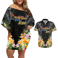 Pasifika Vibes Festival 2024 Auckland Couples Matching Off Shoulder Short Dress and Hawaiian Shirt LT9 Black - Polynesian Pride