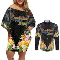 Pasifika Vibes Festival 2024 Auckland Couples Matching Off Shoulder Short Dress and Long Sleeve Button Shirt LT9 Black - Polynesian Pride