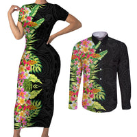 Hawaii Tropical Flowers Tribal Pattern Couples Matching Short Sleeve Bodycon Dress and Long Sleeve Button Shirt No1 LT9 Black - Polynesian Pride