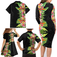 Hawaii Tropical Flowers Tribal Pattern Family Matching Long Sleeve Bodycon Dress and Hawaiian Shirt No1 LT9 - Polynesian Pride