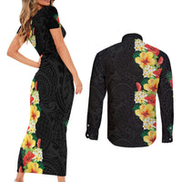 Hawaii Tropical Flowers Tribal Pattern Couples Matching Short Sleeve Bodycon Dress and Long Sleeve Button Shirt No2 LT9 - Polynesian Pride
