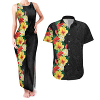 Hawaii Tropical Flowers Tribal Pattern Couples Matching Tank Maxi Dress and Hawaiian Shirt No2 LT9 Black - Polynesian Pride