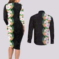 Hawaii Tropical Flowers Tribal Pattern Couples Matching Long Sleeve Bodycon Dress and Long Sleeve Button Shirt No3 LT9 - Polynesian Pride