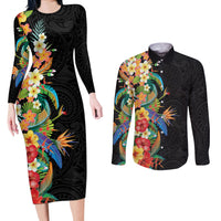 Hawaii Tropical Flowers Tribal Pattern Couples Matching Long Sleeve Bodycon Dress and Long Sleeve Button Shirt No5 LT9 Black - Polynesian Pride