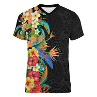 Hawaii Tropical Flowers Tribal Pattern Women V Neck T Shirt No5 LT9 Female Black - Polynesian Pride