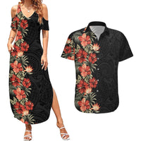 Hawaii Tropical Flowers Tribal Pattern Couples Matching Summer Maxi Dress and Hawaiian Shirt No6 LT9 Black - Polynesian Pride