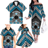 Personalised Aotearoa Niho Taniwha Motif Family Matching Off The Shoulder Long Sleeve Dress and Hawaiian Shirt Blue Style