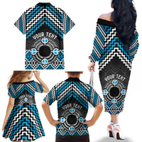 Personalised Aotearoa Niho Taniwha Motif Family Matching Off The Shoulder Long Sleeve Dress and Hawaiian Shirt Blue Style