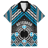 Personalised Aotearoa Niho Taniwha Motif Family Matching Off Shoulder Short Dress and Hawaiian Shirt Blue Style