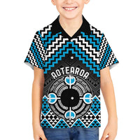 Personalised Aotearoa Niho Taniwha Motif Family Matching Puletasi and Hawaiian Shirt Blue Style