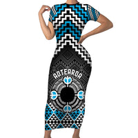 Personalised Aotearoa Niho Taniwha Motif Family Matching Short Sleeve Bodycon Dress and Hawaiian Shirt Blue Style
