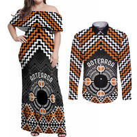 Personalised Aotearoa Niho Taniwha Motif Couples Matching Off Shoulder Maxi Dress and Long Sleeve Button Shirt Gold Style LT9 Gold - Polynesian Pride
