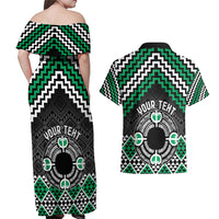 Personalised Aotearoa Niho Taniwha Motif Couples Matching Off Shoulder Maxi Dress and Hawaiian Shirt Green Style