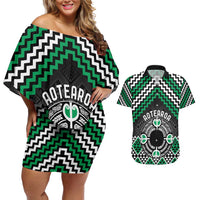 Personalised Aotearoa Niho Taniwha Motif Couples Matching Off Shoulder Short Dress and Hawaiian Shirt Green Style