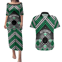 Personalised Aotearoa Niho Taniwha Motif Couples Matching Puletasi and Hawaiian Shirt Green Style