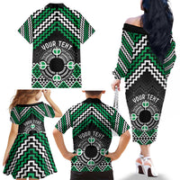 Personalised Aotearoa Niho Taniwha Motif Family Matching Off The Shoulder Long Sleeve Dress and Hawaiian Shirt Green Style