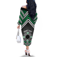 Personalised Aotearoa Niho Taniwha Motif Family Matching Off The Shoulder Long Sleeve Dress and Hawaiian Shirt Green Style