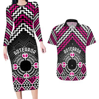 Personalised Aotearoa Niho Taniwha Motif Couples Matching Long Sleeve Bodycon Dress and Hawaiian Shirt Pink Style
