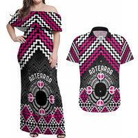Personalised Aotearoa Niho Taniwha Motif Couples Matching Off Shoulder Maxi Dress and Hawaiian Shirt Pink Style