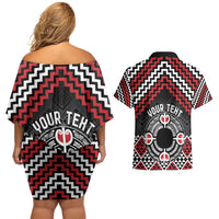 Personalised Aotearoa Niho Taniwha Motif Couples Matching Off Shoulder Short Dress and Hawaiian Shirt Red Style